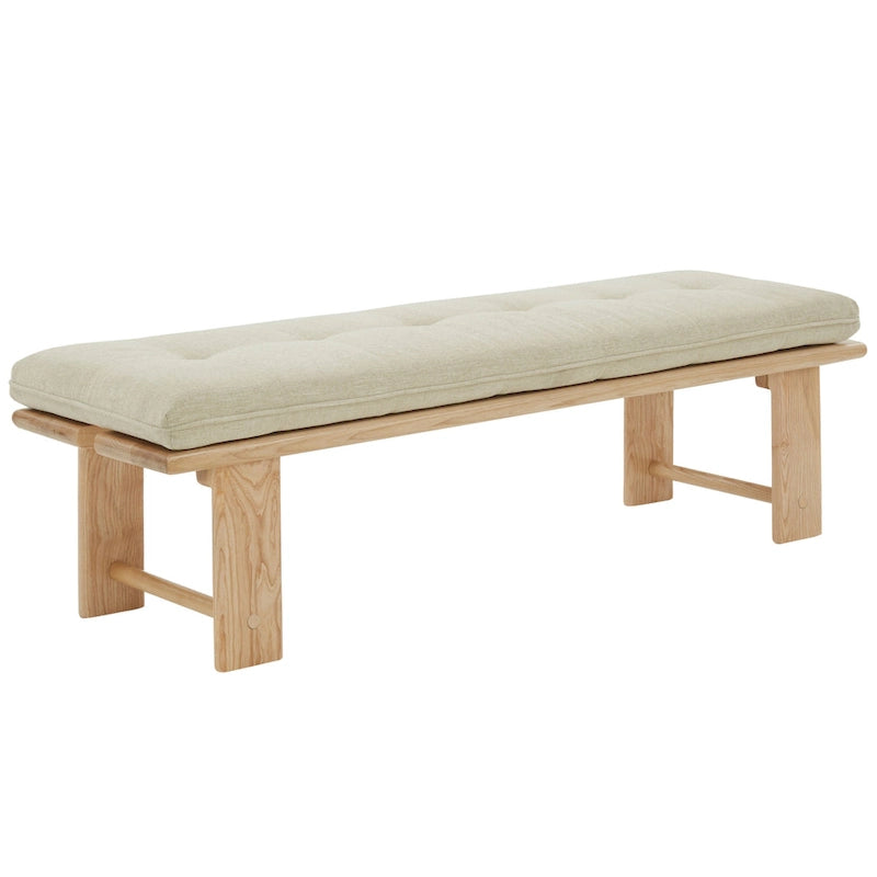 Modern Tufted Cushion Bench with Ashwood Base Beige Linen Upholstery