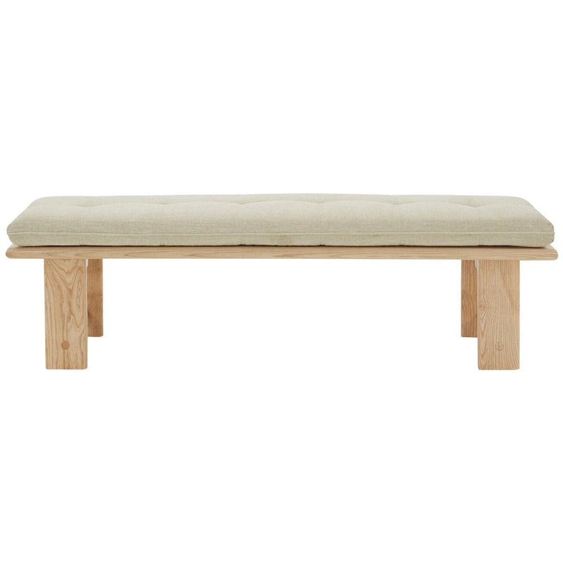 Modern Tufted Cushion Bench with Ashwood Base Beige Linen Upholstery