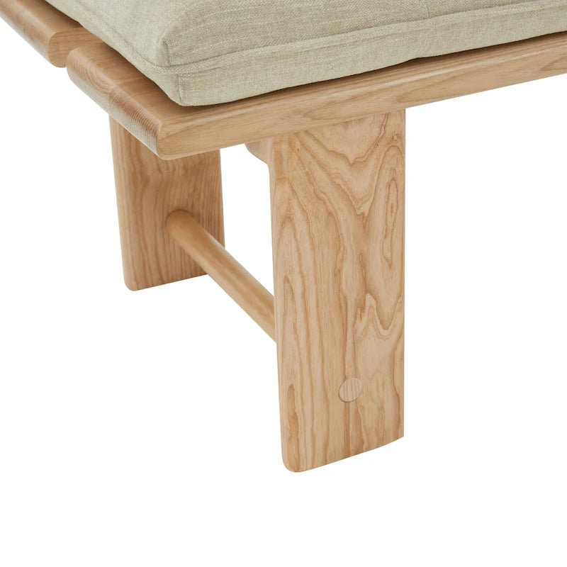 Modern Tufted Cushion Bench with Ashwood Base Beige Linen Upholstery