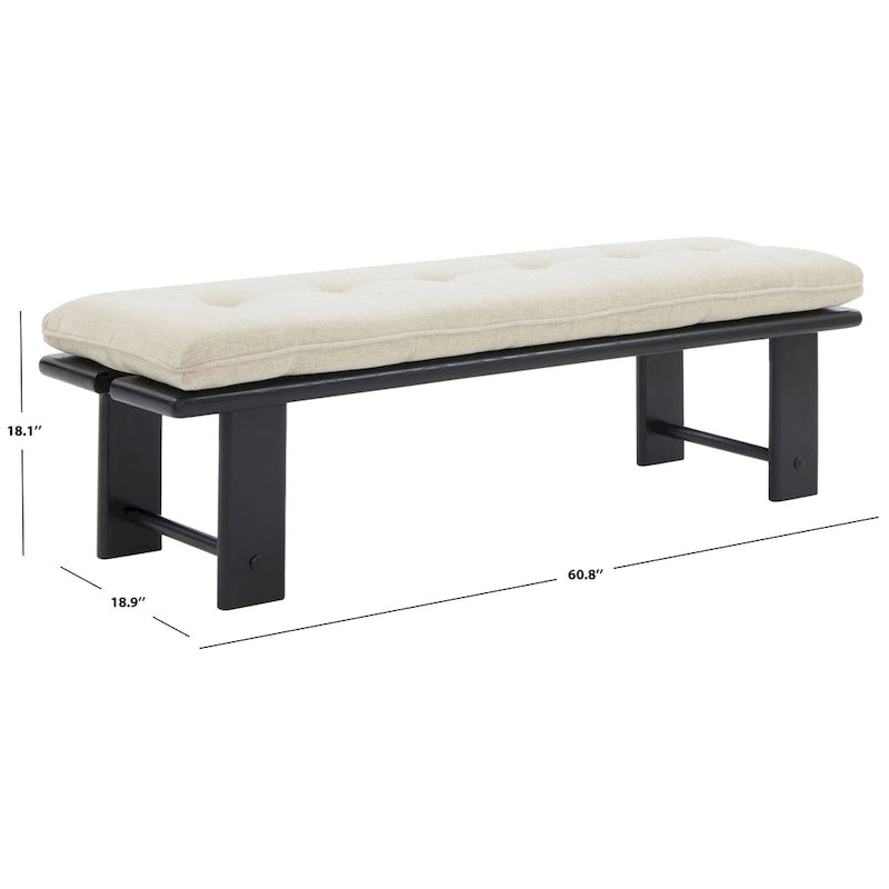 Modern Tufted Cushion Bench with Ashwood Base Beige Linen Upholstery