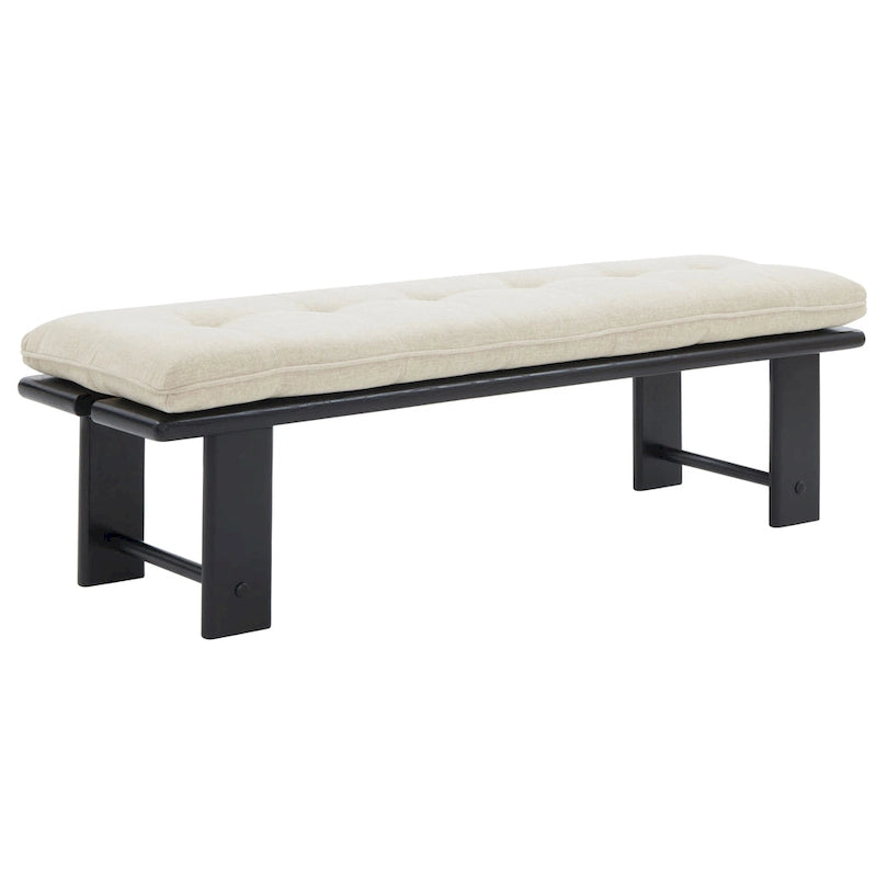 Modern Tufted Cushion Bench with Ashwood Base Beige Linen Upholstery