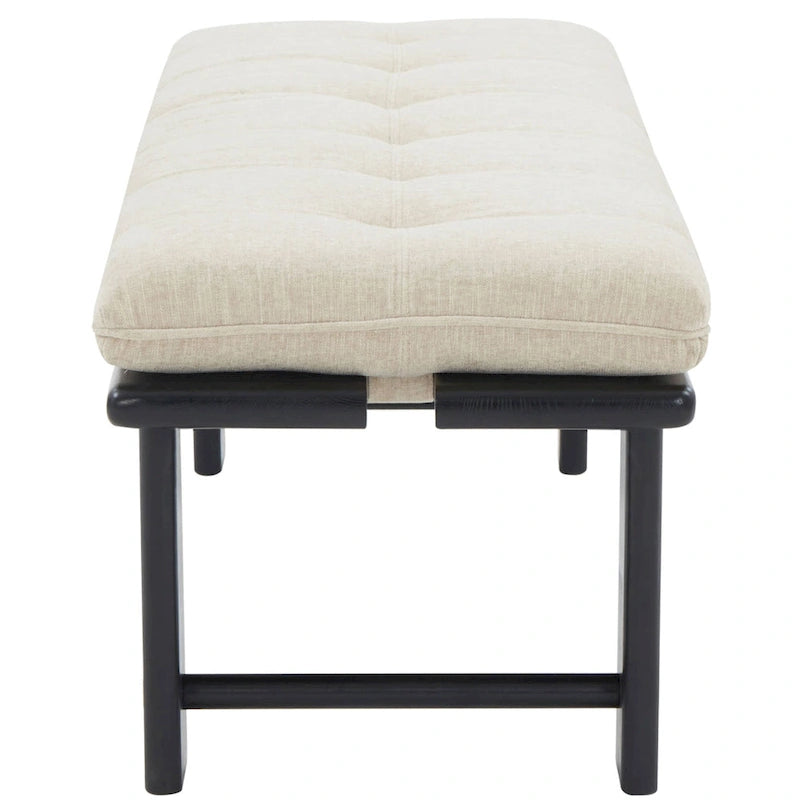 Modern Tufted Cushion Bench with Ashwood Base Beige Linen Upholstery