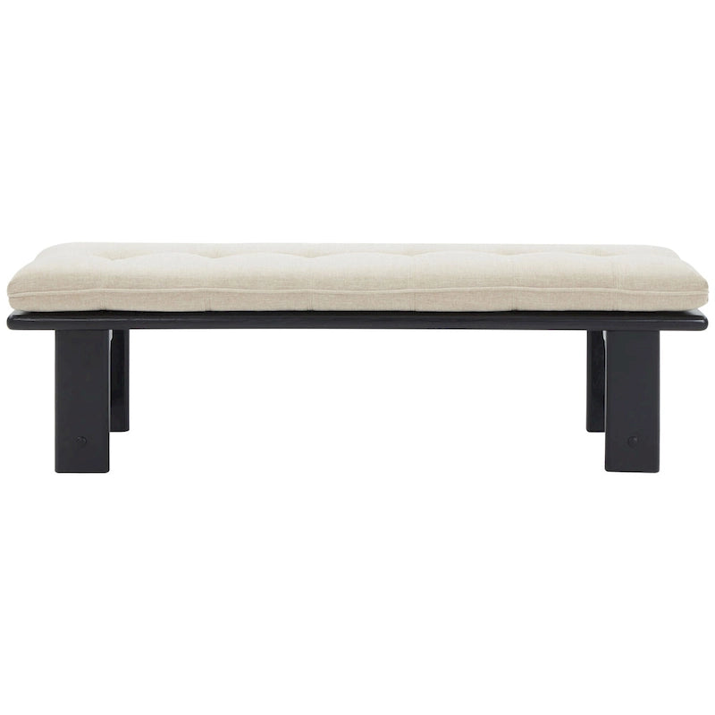 Modern Tufted Cushion Bench with Ashwood Base Beige Linen Upholstery