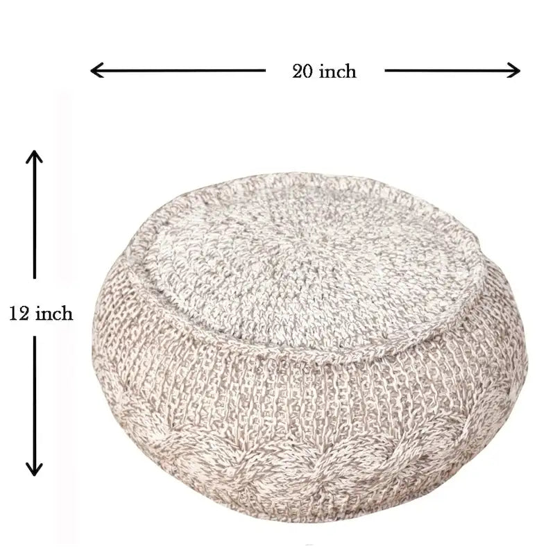 Grey Cable Knit Round Pouf Ottoman Footstool Natural Cotton
