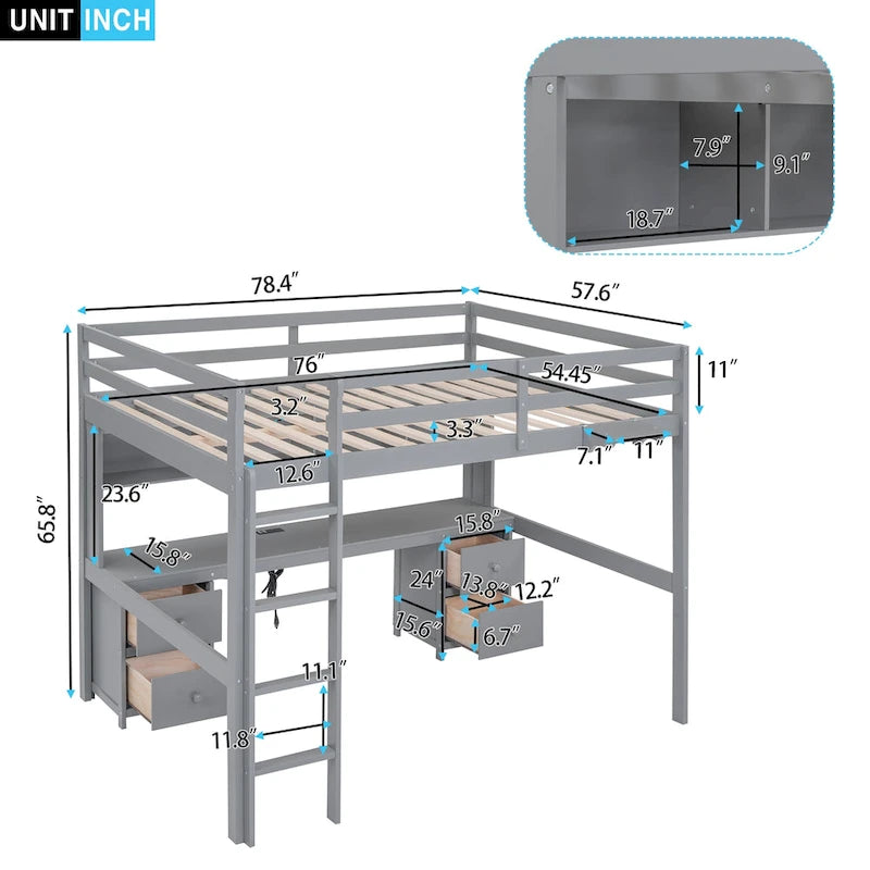 White Wood Loft Bed with Built-in Desk, Drawers, Cabinets and Charging Station