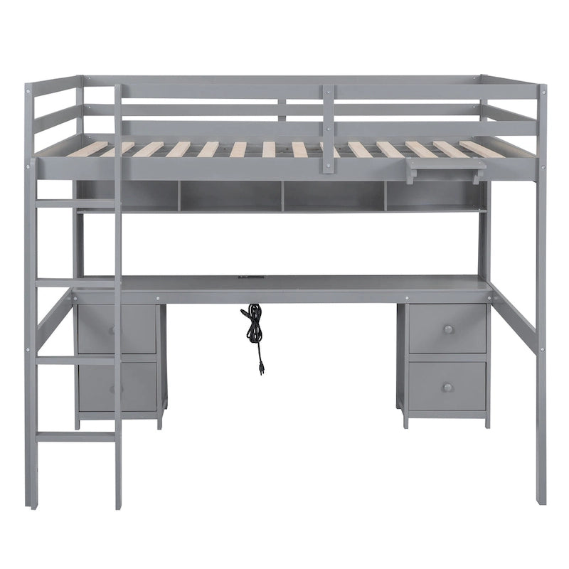 White Wood Loft Bed with Built-in Desk, Drawers, Cabinets and Charging Station