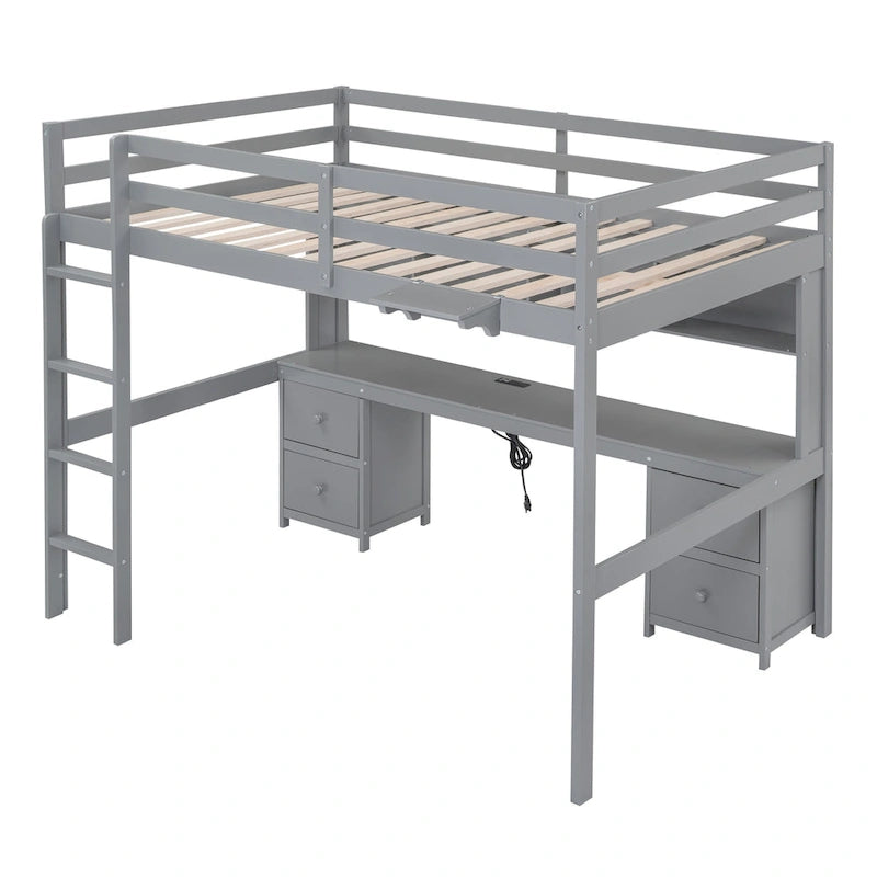 White Wood Loft Bed with Built-in Desk, Drawers, Cabinets and Charging Station