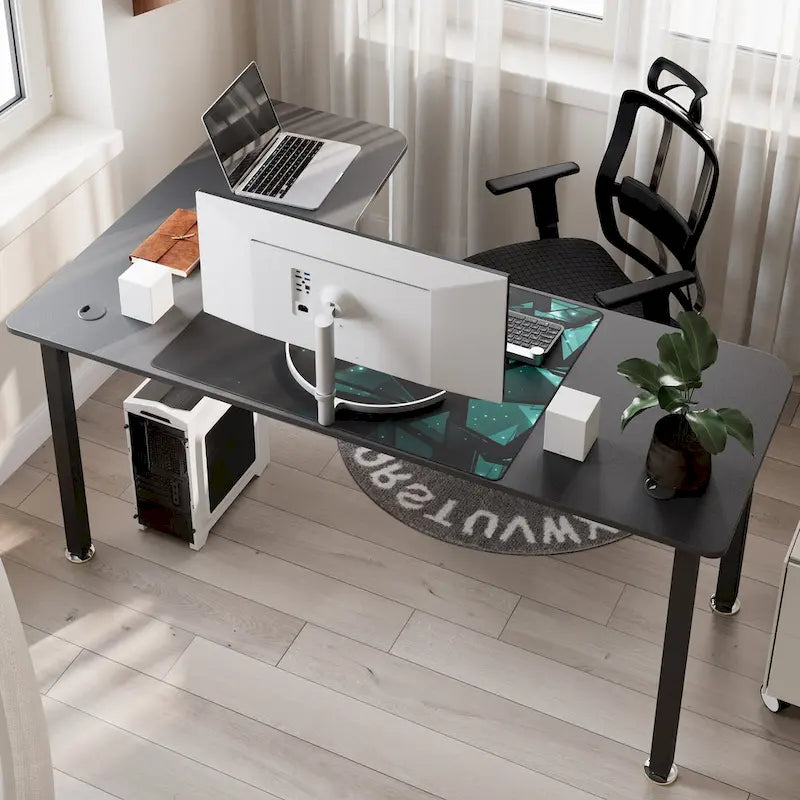 Black L-Shaped Corner Computer Desk with Metal Legs