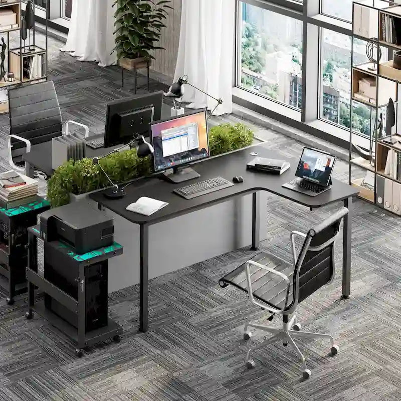 Black L-Shaped Corner Computer Desk with Metal Legs