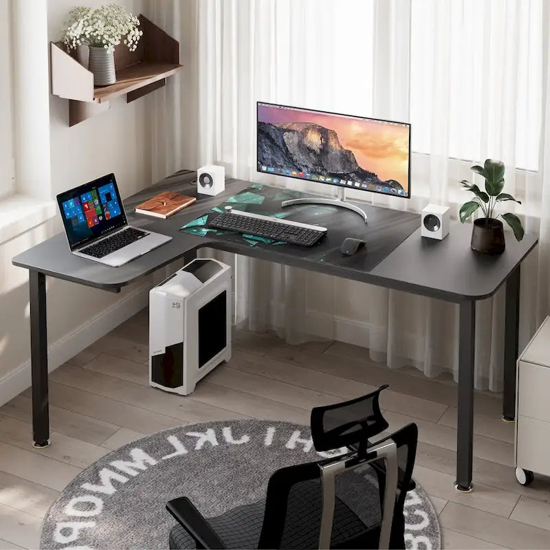 Black L-Shaped Corner Computer Desk with Metal Legs
