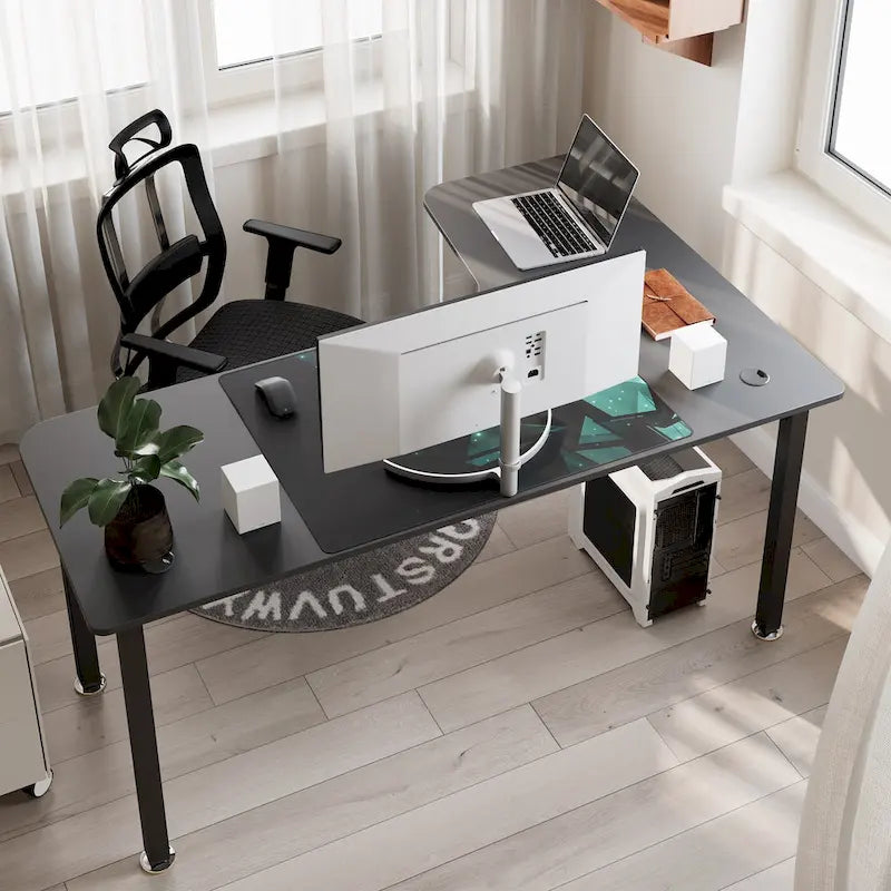 Black L-Shaped Corner Computer Desk with Metal Legs