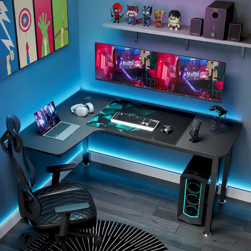 Black L-Shaped Corner Computer Desk with Metal Legs