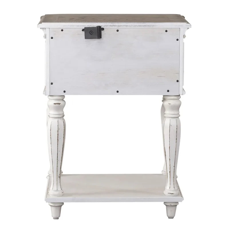 Antique White Open Leg Night Stand with Bottom Shelf and Pewter Hardware