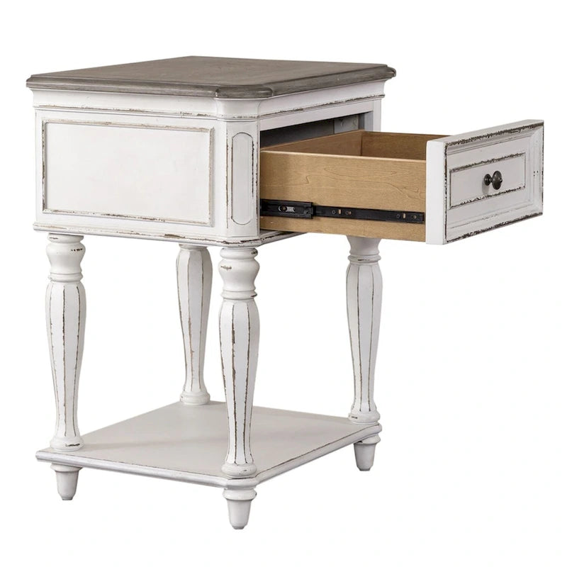 Antique White Open Leg Night Stand with Bottom Shelf and Pewter Hardware