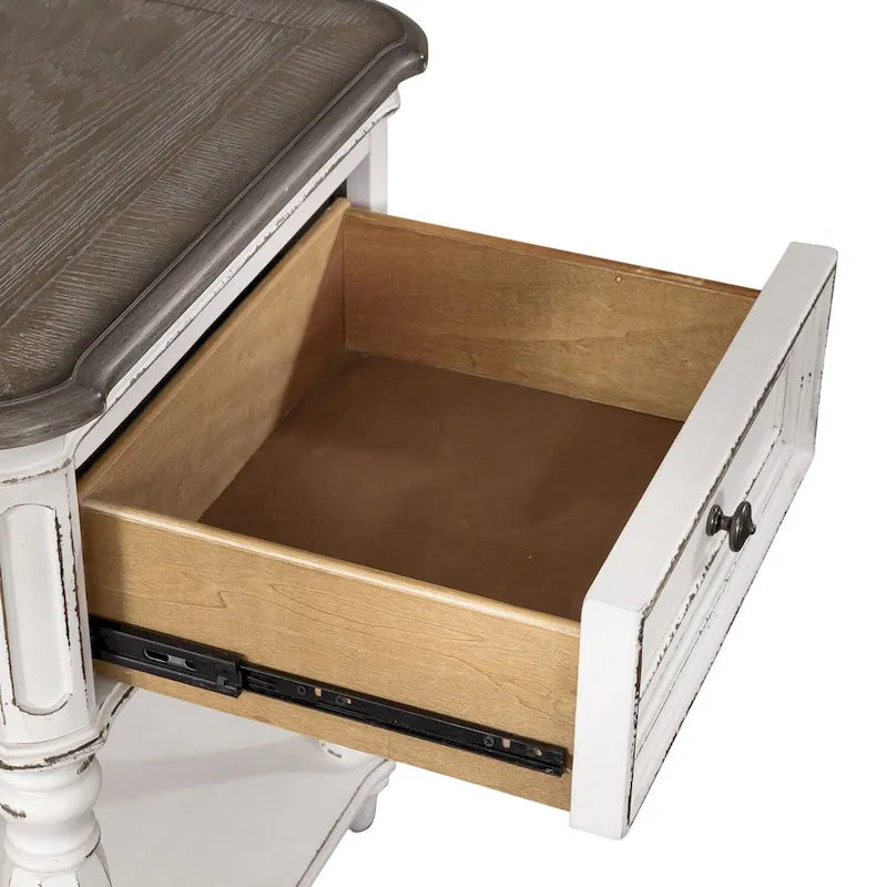 Antique White Open Leg Night Stand with Bottom Shelf and Pewter Hardware