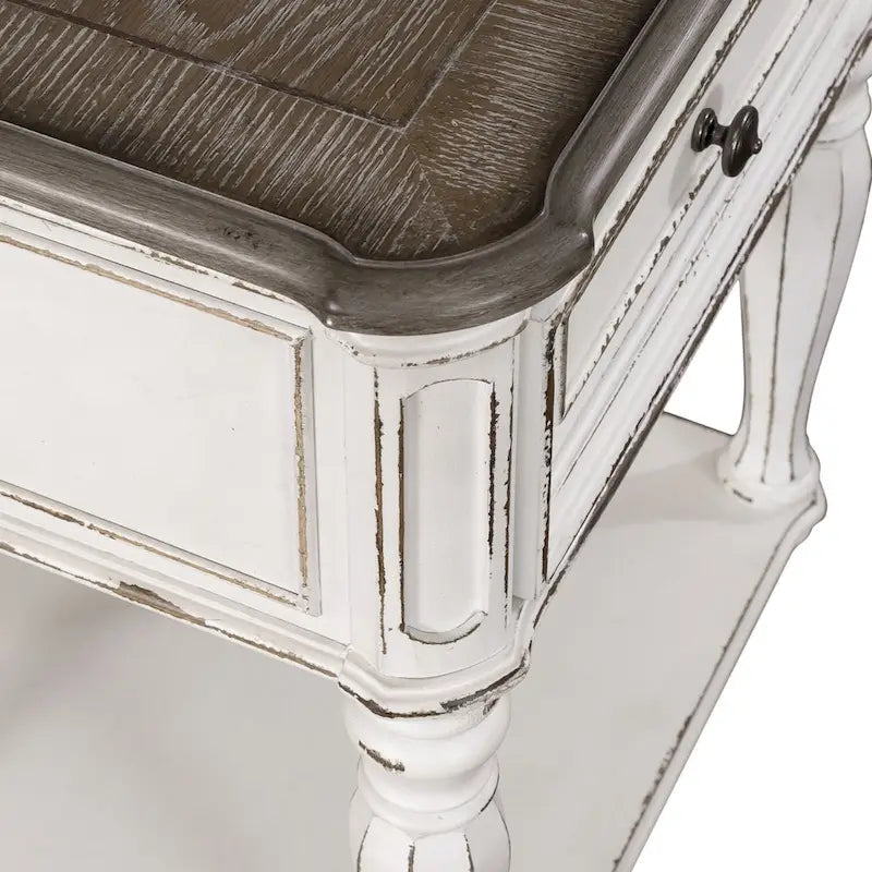 Antique White Open Leg Night Stand with Bottom Shelf and Pewter Hardware