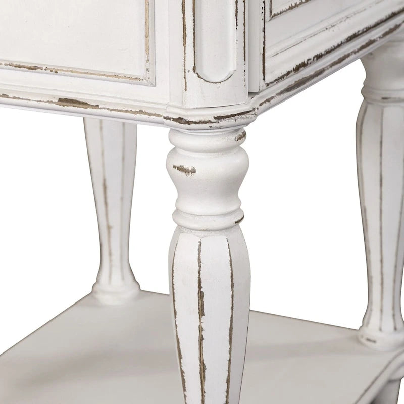 Antique White Open Leg Night Stand with Bottom Shelf and Pewter Hardware