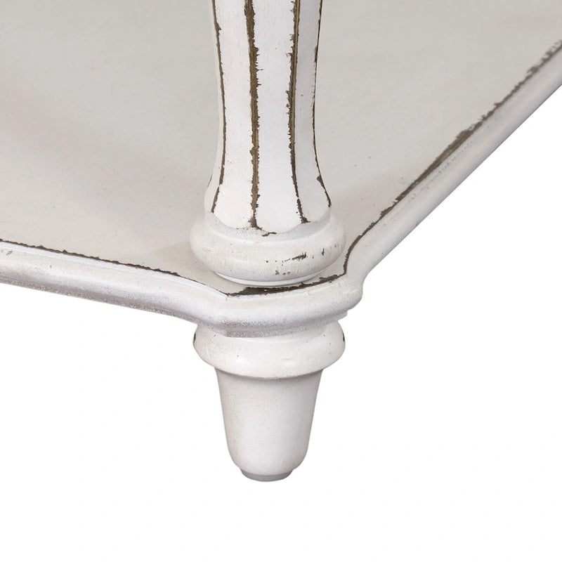 Antique White Open Leg Night Stand with Bottom Shelf and Pewter Hardware