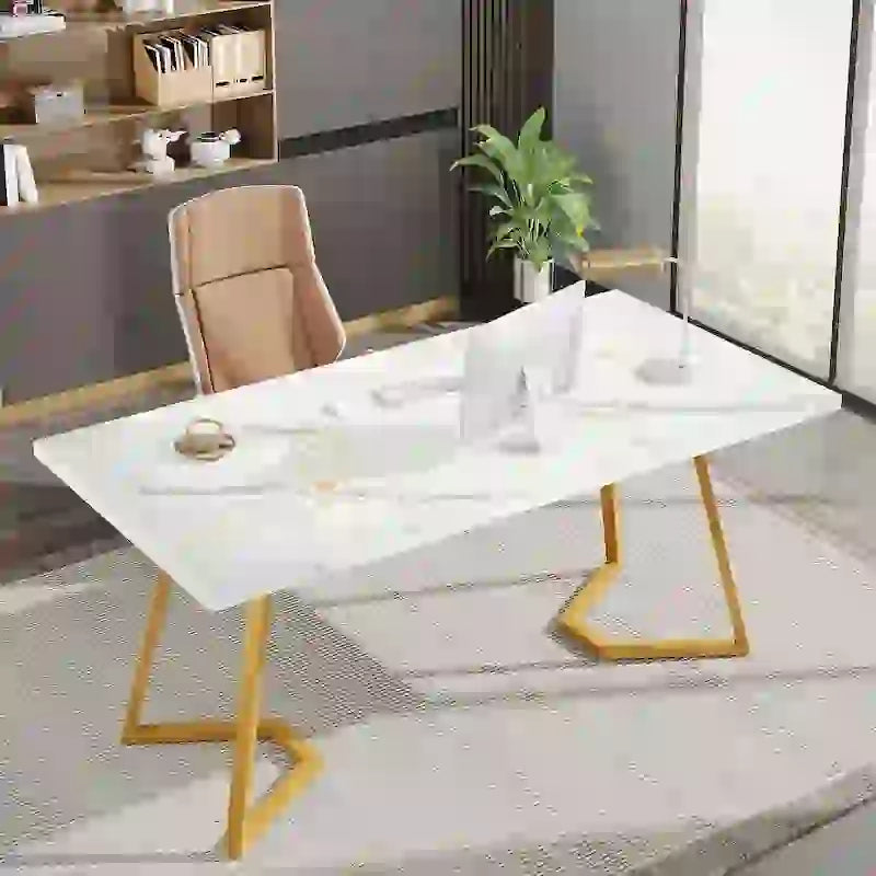 Modern Faux Marble Writing Desk with Gold Metal Frame White