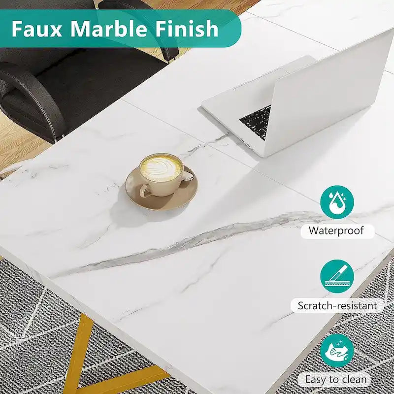 Modern Faux Marble Writing Desk with Gold Metal Frame White