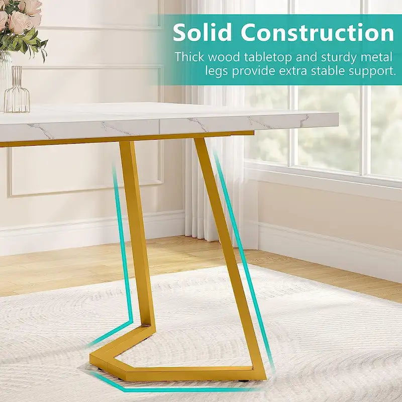 Modern Faux Marble Writing Desk with Gold Metal Frame White