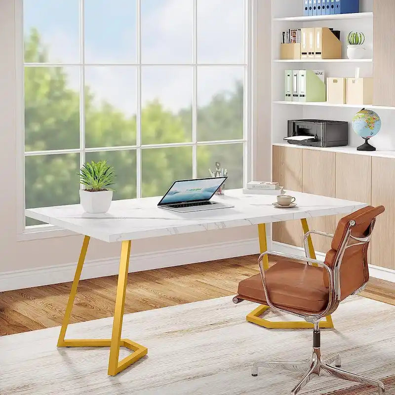 Modern Faux Marble Writing Desk with Gold Metal Frame White
