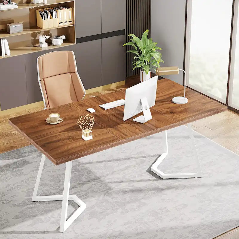 Modern Faux Marble Writing Desk with Gold Metal Frame White