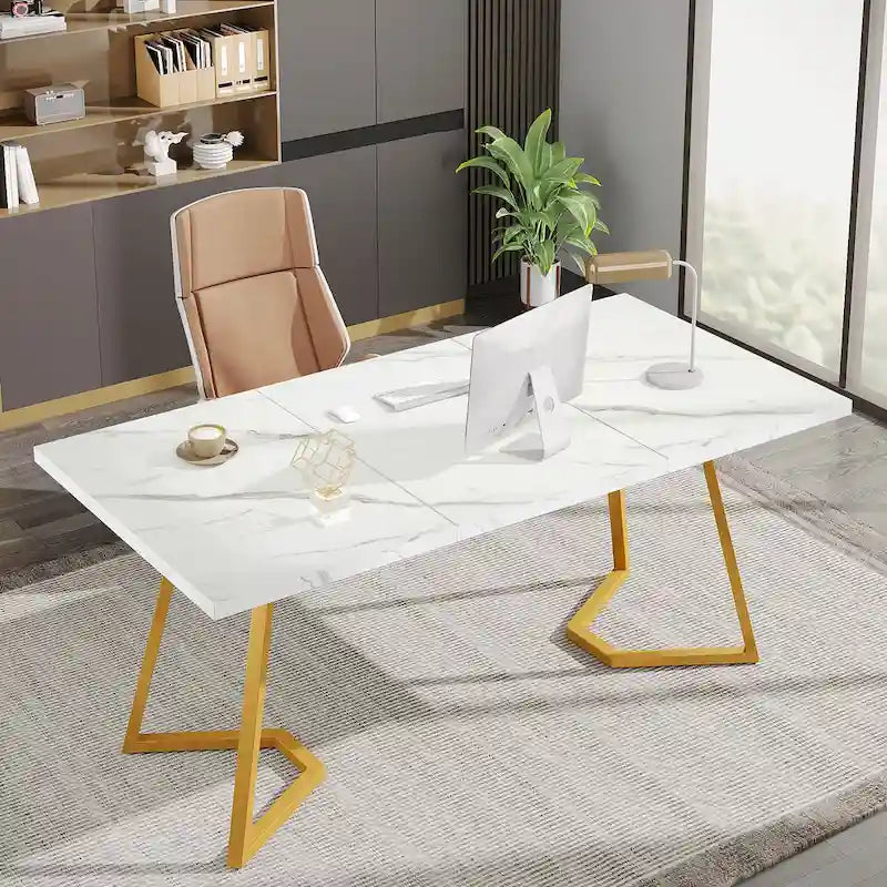 Modern Faux Marble Writing Desk with Gold Metal Frame White