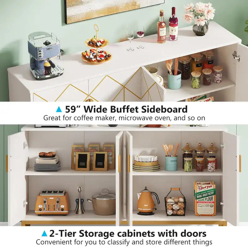 White Gold Mid-Century Modern Sideboard Storage Cabinet Patterned Doors Adjustable Shelf