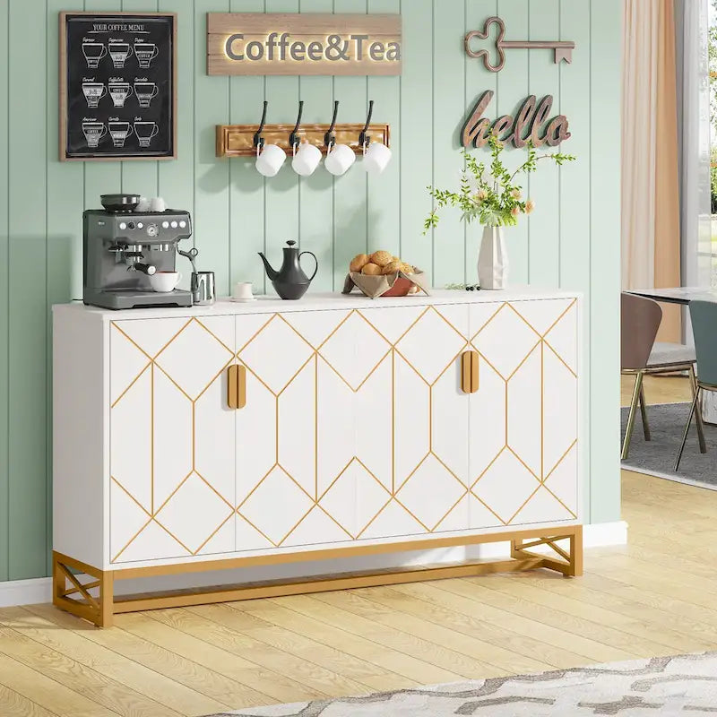 White Gold Mid-Century Modern Sideboard Storage Cabinet Patterned Doors Adjustable Shelf