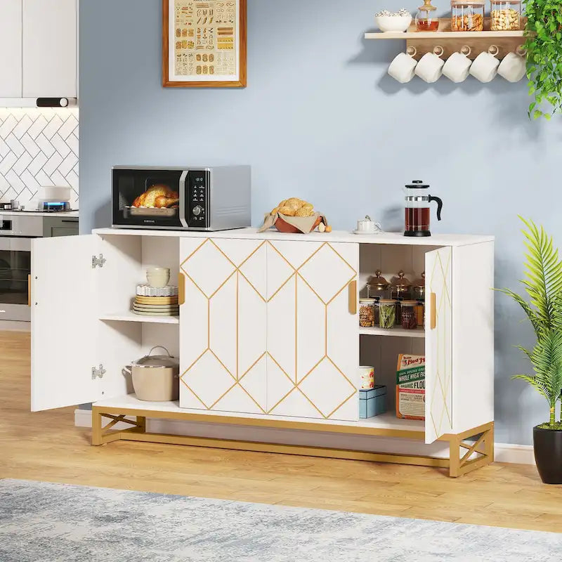 White Gold Mid-Century Modern Sideboard Storage Cabinet Patterned Doors Adjustable Shelf