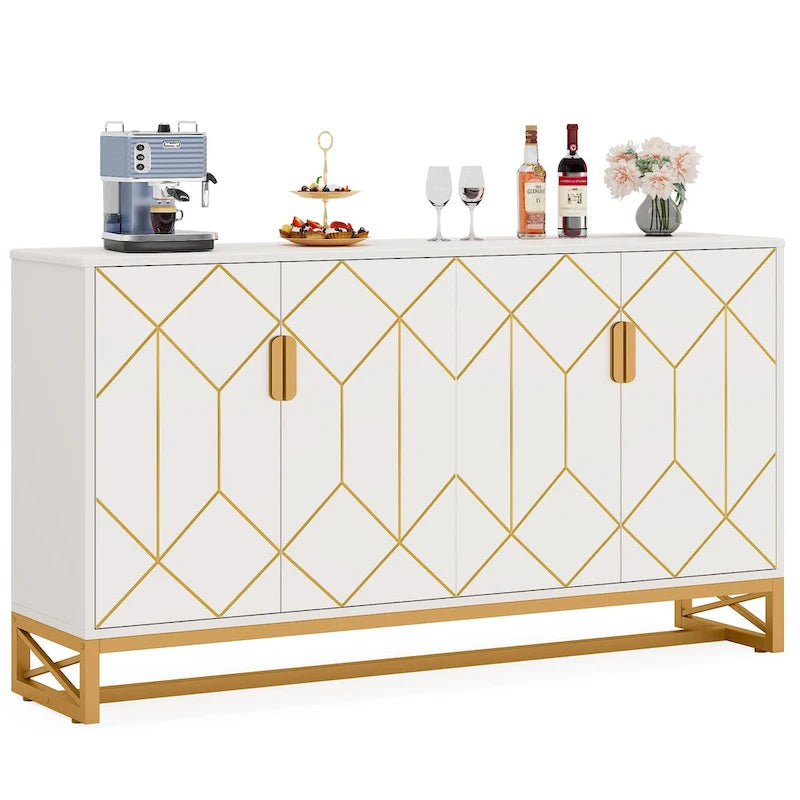 White Gold Mid-Century Modern Sideboard Storage Cabinet Patterned Doors Adjustable Shelf