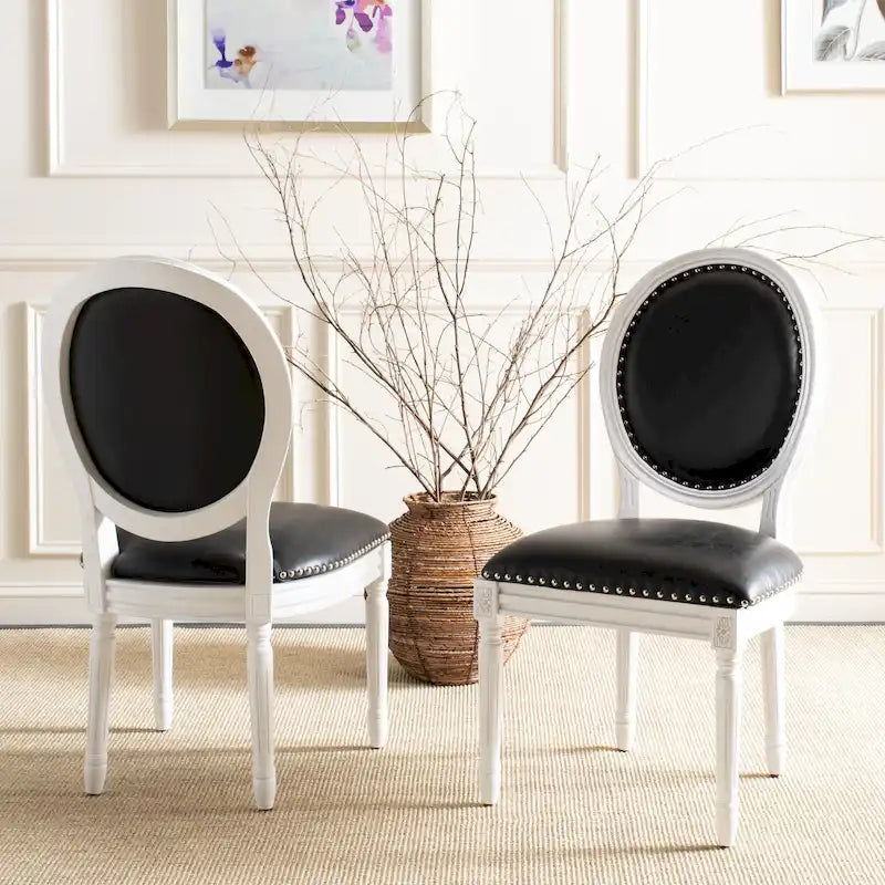 Oval Back Upholstered Dining Chair Classic Carved Wood Frame Black Cream