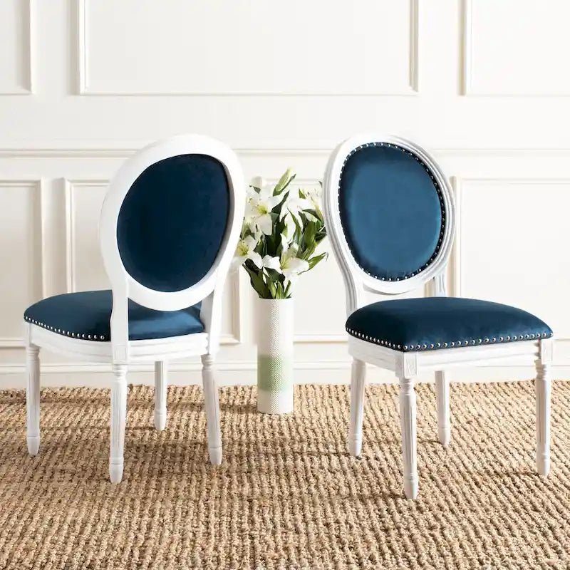 Oval Back Upholstered Dining Chair Classic Carved Wood Frame Black Cream