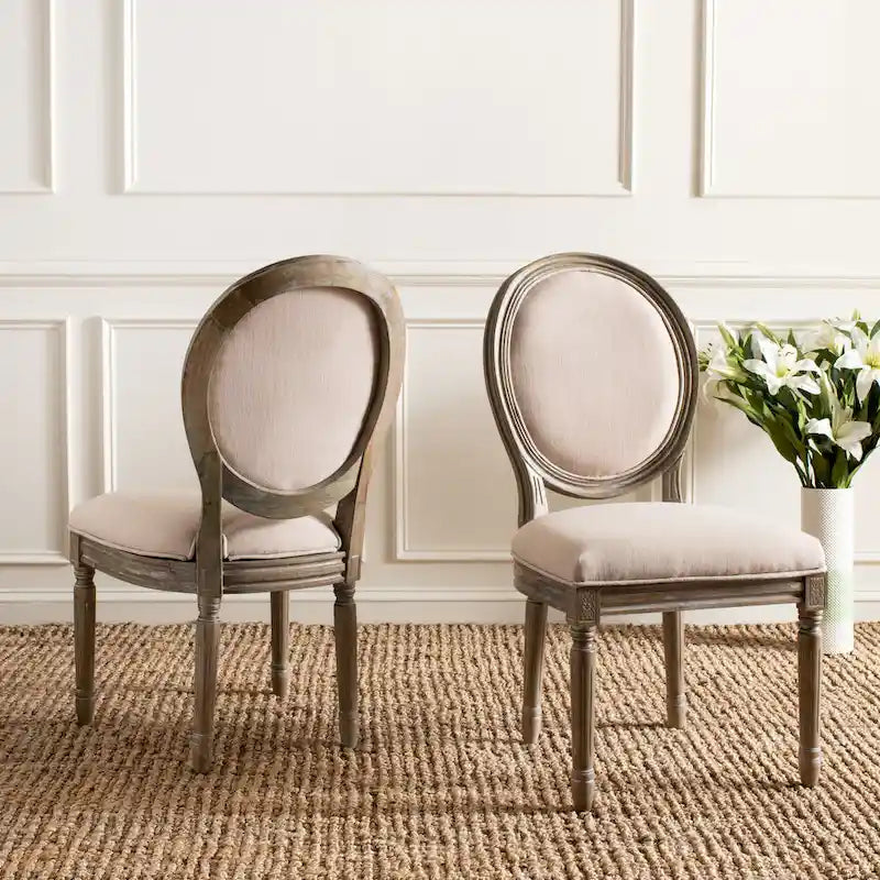 Oval Back Upholstered Dining Chair Classic Carved Wood Frame Black Cream