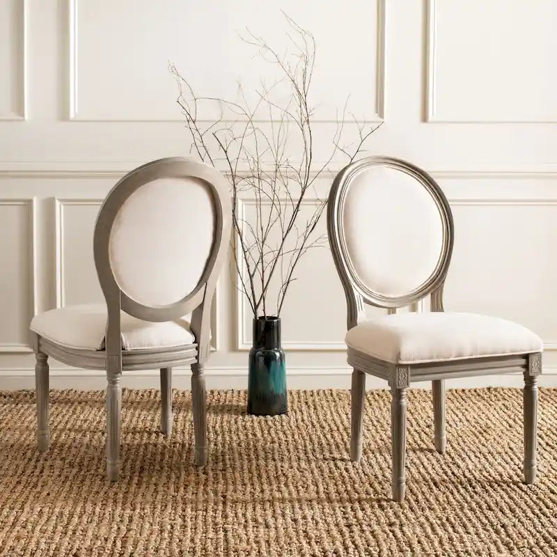 Oval Back Upholstered Dining Chair Classic Carved Wood Frame Black Cream