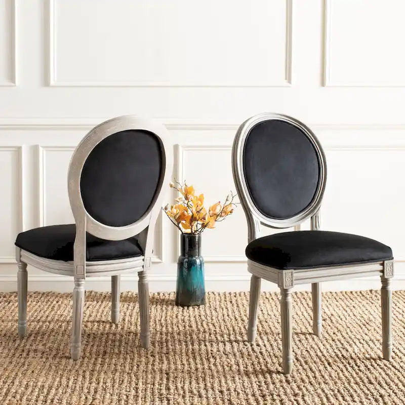 Oval Back Upholstered Dining Chair Classic Carved Wood Frame Black Cream