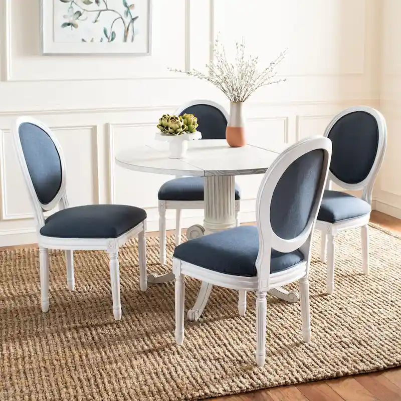Oval Back Upholstered Dining Chair Classic Carved Wood Frame Black Cream