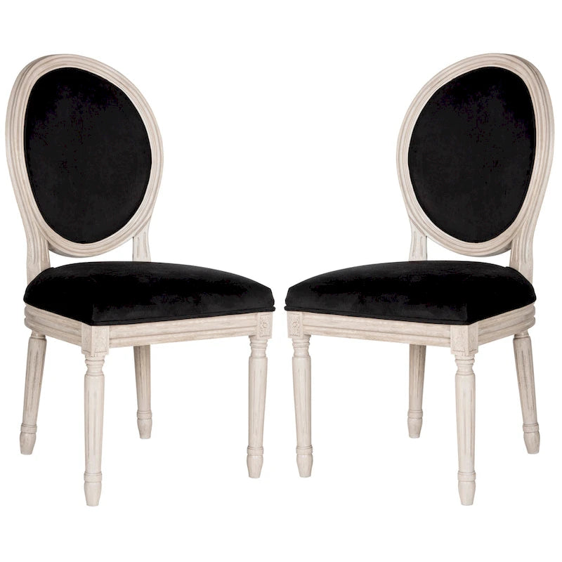 Oval Back Upholstered Dining Chair Classic Carved Wood Frame Black Cream