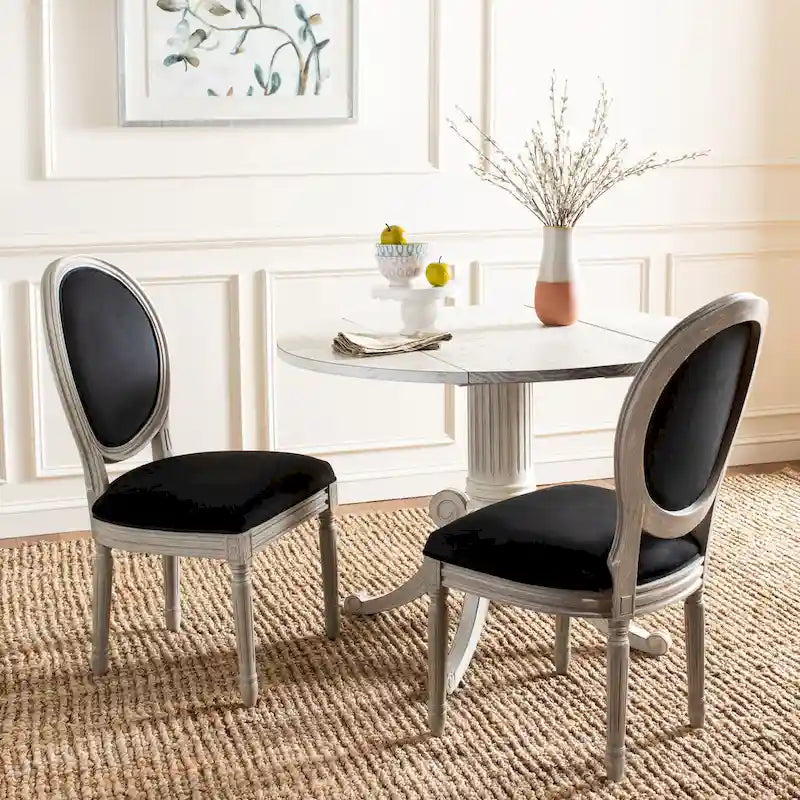 Oval Back Upholstered Dining Chair Classic Carved Wood Frame Black Cream