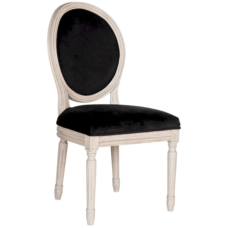 Oval Back Upholstered Dining Chair Classic Carved Wood Frame Black Cream