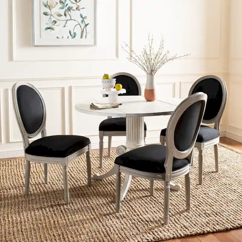 Oval Back Upholstered Dining Chair Classic Carved Wood Frame Black Cream