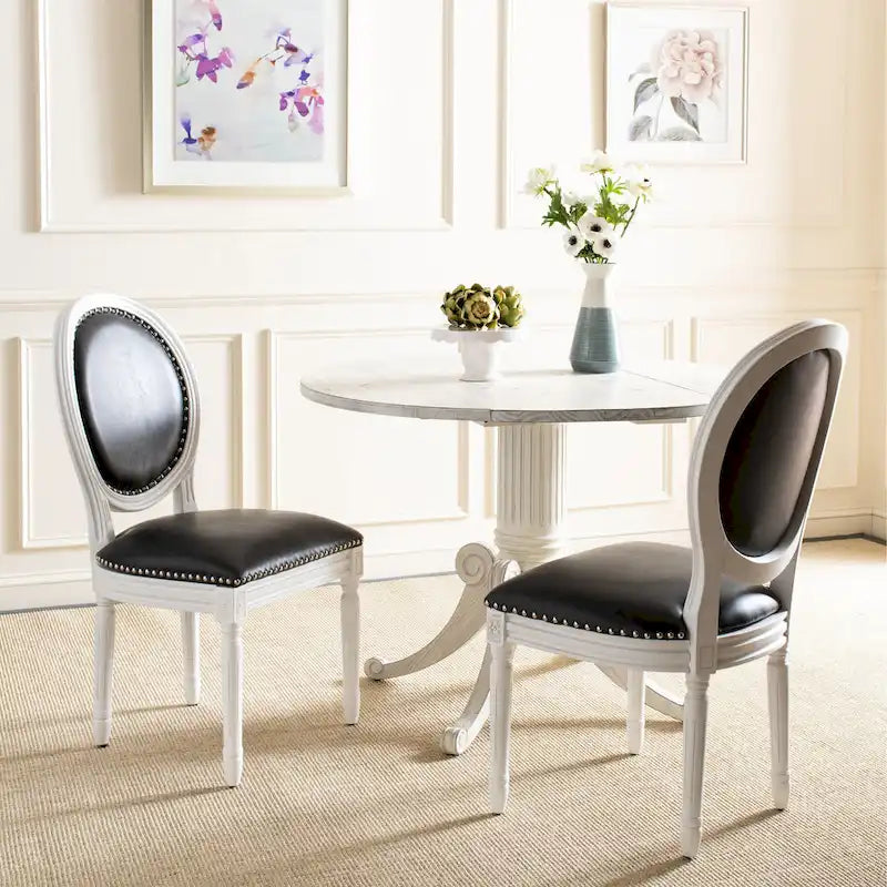 Oval Back Upholstered Dining Chair Classic Carved Wood Frame Black Cream