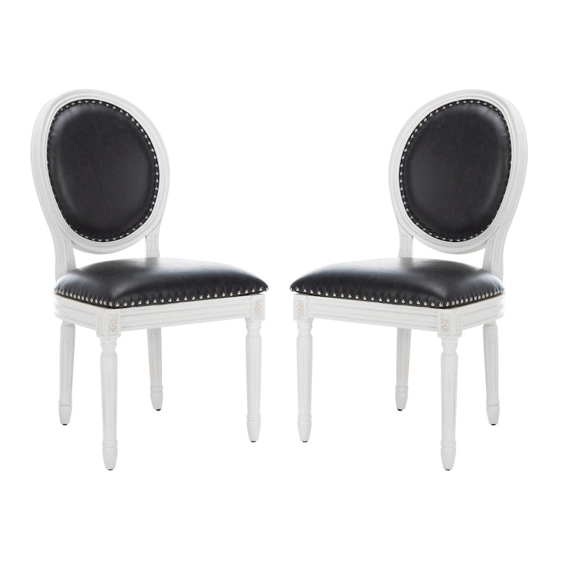 Oval Back Upholstered Dining Chair Classic Carved Wood Frame Black Cream