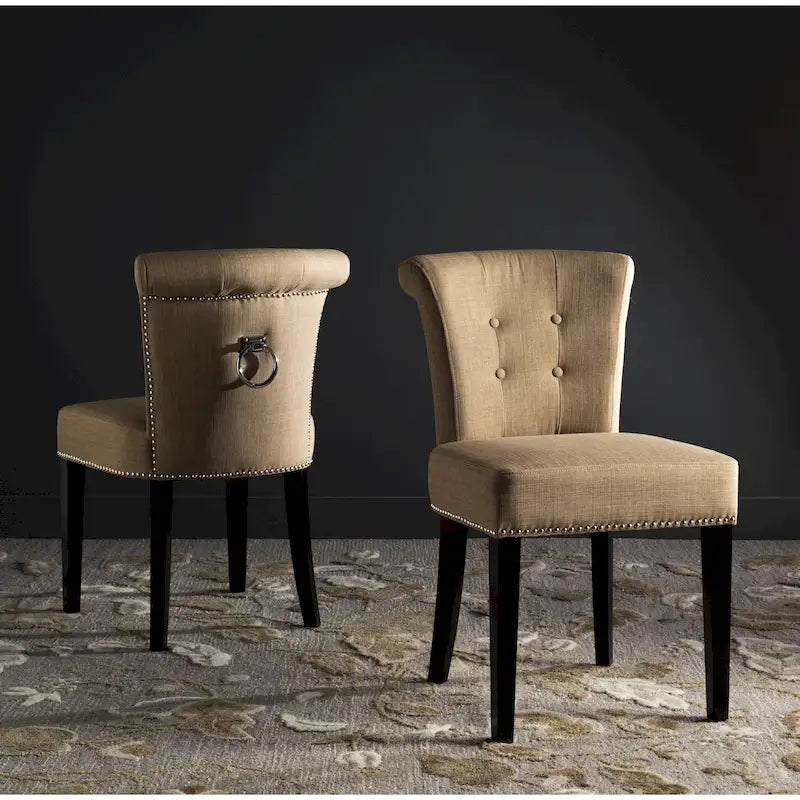 Beige Linen Button Tufted Dining Chair Nailhead Espresso Legs