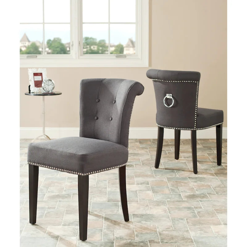 Chaise de salle à manger capitonnée en lin beige avec clous de tapissier et pieds espresso