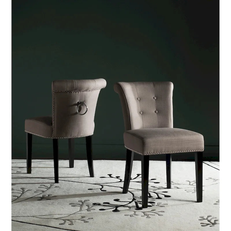 Chaise de salle à manger capitonnée en lin beige avec clous de tapissier et pieds espresso