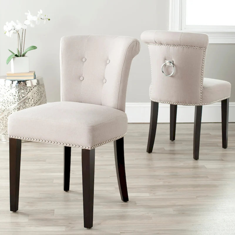 Beige Linen Button Tufted Dining Chair Nailhead Espresso Legs