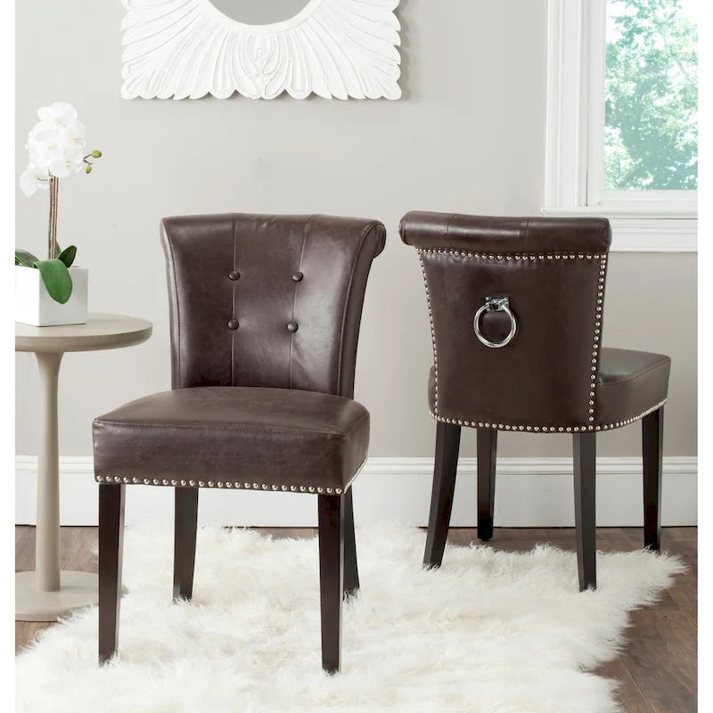 Beige Linen Button Tufted Dining Chair Nailhead Espresso Legs