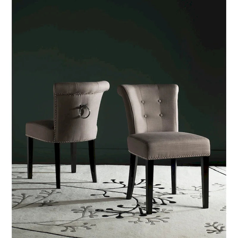 Beige Linen Button Tufted Dining Chair Nailhead Espresso Legs